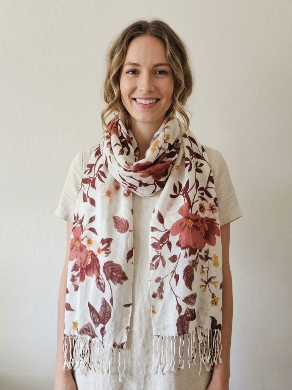 Floral Print Lightweight Scarf in Cream and Rust